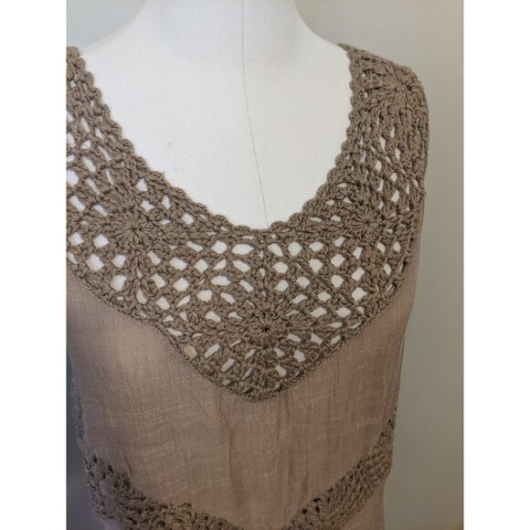 Womens Crochet Tunic Top Vest Brown Fringe Boho Lagenlook Fall Sleeveless Sz L - Picture 3 of 8